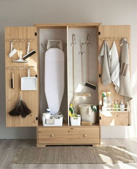 The Space Cube Desk Organiser on Instagram: "No closet, no problem. A wardrobe hides it all in the most stylish way possible!⠀ .⠀ .⠀ .⠀ #wardrobetotherescue#hideit#aplaceforyourstuff#housecleaning#hideitaway#superstorage#storagesolution#clean#housework#cleanhouse#hidinginplainsite#organisedhouse#cleaningtips#storageinspo" Cleaning Cupboard, Utility Room Storage, White Laundry, Laundry Room Layouts, Modern Laundry Rooms, Decor Baie, Laundry Room Inspiration, Cleaning Closet, Home Organisation