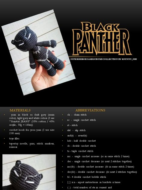 Black Panther Crochet Free Pattern, Crochet Panther Pattern Free, Black Crochet Amigurumi, Black Panther Crochet, Triple Crochet Stitch, Xmas Crochet, Double Crochet Decrease, Single Crochet Decrease, Famous Characters