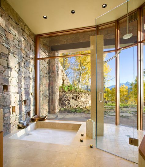 Sunken Bath, Sunken Bathtub, Sunken Tub, Indoor Hot Tub, Stone Accent Walls, Bathtub Remodel, Sophisticated Bathroom, Natural Stone Wall, Stone Bathroom