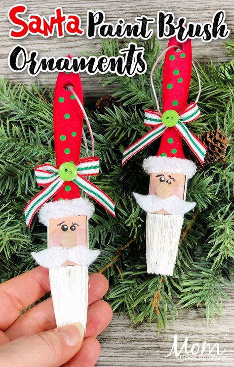 DIY Paint Brush Santa Ornament #DOLLARstorecraft #christmascraft #santacraft Christmas Ornaments Diy Paint, Santa Ornaments Diy, Paint Brush Ornaments, Paint Brush Santa, Diy Paint Brush, Easy Ornaments, Christmas Displays, Wooden Christmas Crafts, Diy Santa