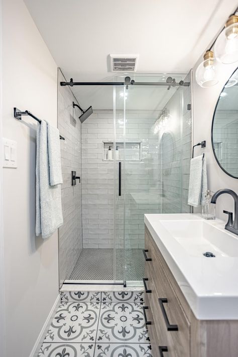 Small Ensuites Narrow, Bathroom Remodel Long Narrow, Narrow Basement Bathroom, Narrow Bathroom Makeover, Basement Bathroom With Shower Only, Narrow Full Bathroom, Small Bathroom With Walk In Shower Ideas, Long Narrow Bathroom Layout, Modern Bathroom Design White