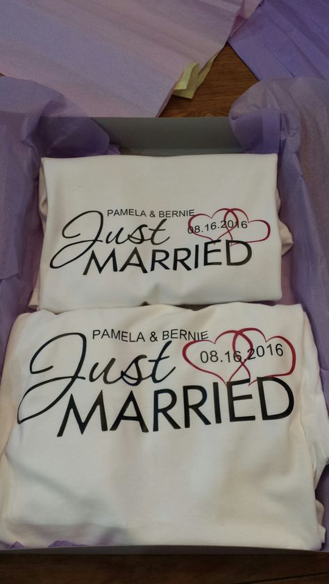 Just married matching his/her shirts Just Married Shirts, Just Married Quotes, Married Couple Shirts, Married Quotes, Couple T Shirt Design, Cute Couple Shirts, Married Shirt, Wedding Tumblers, Wedding Converse