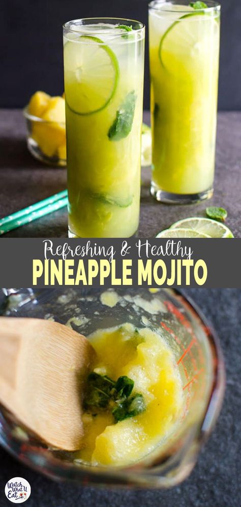 This refreshing non-alcoholic Pineapple Mojito recipe is a perfect combination of fresh fruits and mint to stay hydrated during summer. Super easy and naturally sweetened mocktail for the party or family gatherings. | #watchwhatueat #pineapple #mojito #nonalcoholic #summerdrink Mojito Drinks, Mojito Recipes, Pineapple Mojito, Friends Recipes, Mojito Recipe, Fresh Pineapple, Healthy Drink, Appetizer Bites, Lemonade Recipes