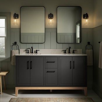 Kohler Tio 60” Bath Vanity | Costco Kohler Vanity Bathroom, Kohler Bathroom Design, Master Bath Black Vanity, Kohler Vanity, Brushed Nickel Cabinet Pulls, Quartz Vanity, Black Vanity Bathroom, Widespread Faucet, Quartz Vanity Tops