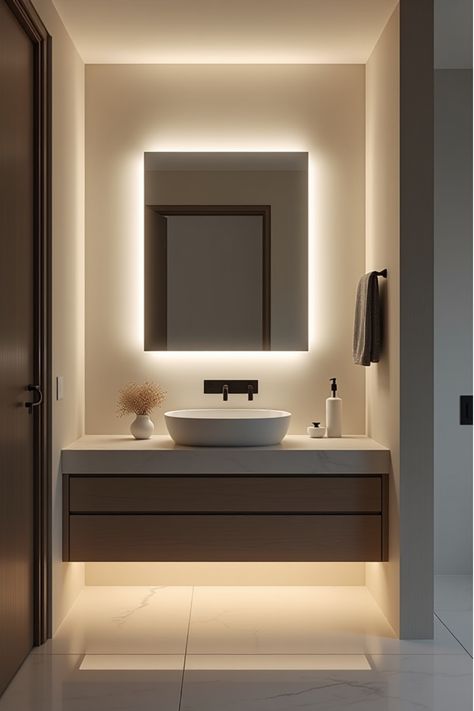 Clean-lined bathroom vanity with space-enhancing LED lighting Bathroom Night Light, Bathroom Under Sink, Minimalist Vanity, Modern Bathroom Vanity Lighting, Hidden Lighting, Led Bathroom Lights, Bright Bathroom, Lighting Plan, Diy Vanity