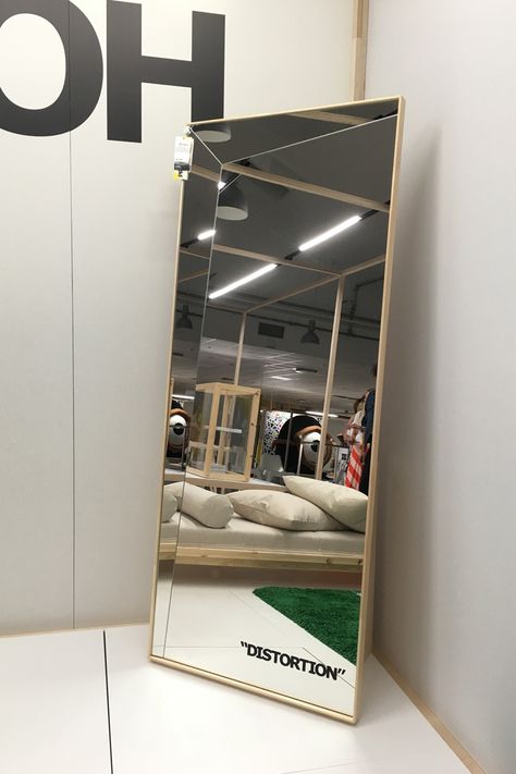 virgil-abloh-ikea- Virgil shared a selection of prototypes, including privacy-free display cabinets and floating mirrors with the word “distortion” written in the corner. Mirror Distortion, Off White Bedrooms, Hypebeast Room, Ikea Mirror, Art Mirror, Chill Room, Best In Show, White Bedroom Furniture, White Furniture