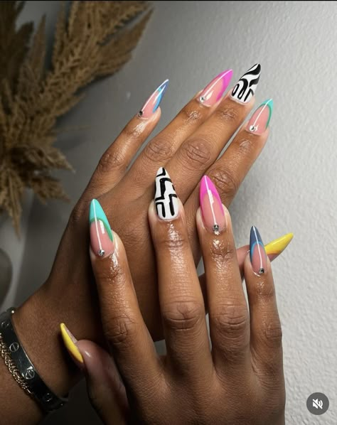 Old School Nail Designs Black Women, 90 Inspired Nails, Hand Paint Nail Art, Playful Nails, Black 90s Nail Art, Dope Nail Designs Almond, Almond Abstract Nails, 90s Abstract Nails, Trippy Almond Nails