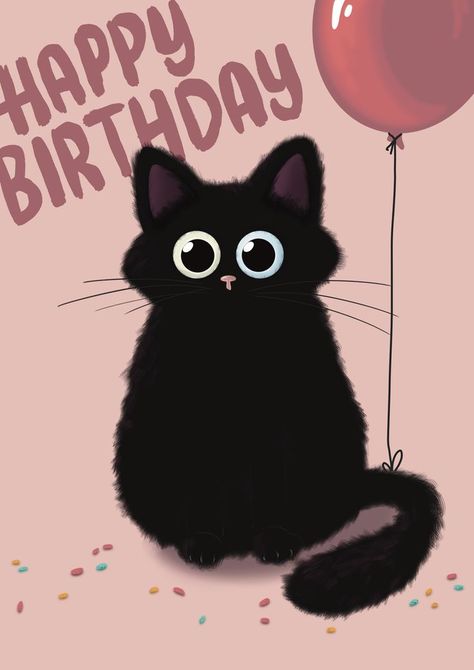 Cute drawing of a fluffy black cat with big blue and green eyes, sitting on the floor next to confetti. A balloon is tied to the tail. Happy Birthday is lettered on the pink background. Birthday card design for thortful made by Laura Beutner. Birthday Card Inspiration, Black Cat Birthday, Cat Birthday Wishes, Blue And Green Eyes, Lettering Graphic Design, Fluffy Black Cat, Happy Birthday Drawings, Happy Birthday Illustration, Happy Birthday Cat