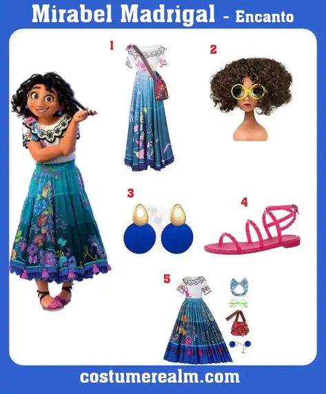 How To Dress Like Mirabel Madrigal Costume Guide For Cosplay And Halloween Mirabel Costume, Colombian Girls, Turquoise Skirt, Colorful Floral Dress, Yearbook Themes, Blue Dangle Earrings, Black Curly Hair, Cosplay Tips, Dress Guide