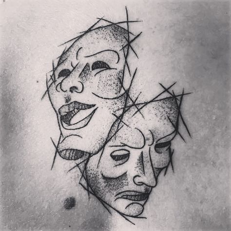 Comedy and Tragedy masks tattoo Comedy Mask Tattoo, Drama Mask Tattoo Design, Theatre Masks Tattoo, Two Faces Tattoo, Masks Tattoo, Two Face Tattoo, Theater Mask Tattoo, Theatre Tattoo, Tattoo Mask