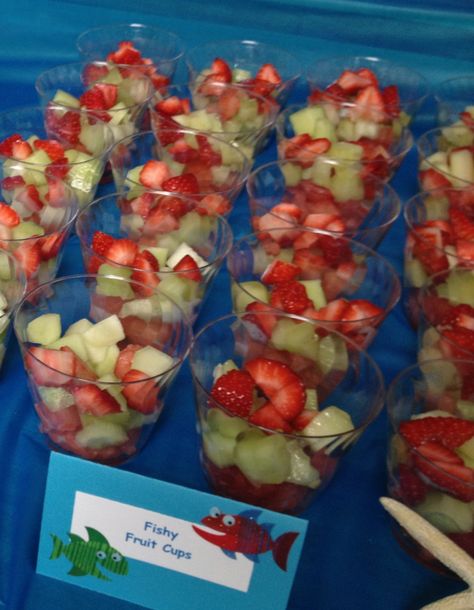 Fishy fruit cups for Under the Sea party Under The Sea Finger Foods, Ocean Themed Fruit Tray, Under The Sea Fruit Ideas, Under The Sea Themed Food Snacks, Under The Sea Food Ideas, Under The Sea Birthday Party Food, Under The Sea Themed Food, Ocean Themed Party Food, Aquaman Birthday