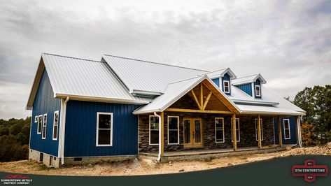 Blue color combo Summertown Metals, Metal Building House Plans, Metal House Plans, Steel Building Homes, Metal Building Home, Barn House Design, Barndominium Plans, Pole Barn House Plans, Barndominium Ideas Interiors