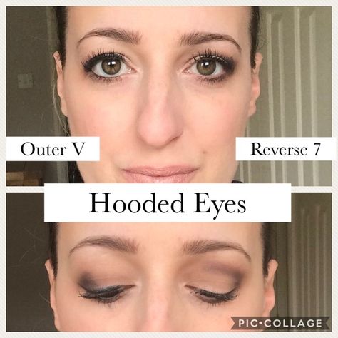 Reverse Seven Eye Makeup, Makeup Ideas Natural Hooded Eyes, Reverse 7 Eyeshadow, Hooded Eye Make Up Looks, Make Up For Partially Hooded Eyes, Hooded Eye Hacks, Eyeliner Tricks For Hooded Eyes, Reverse Eyeliner Make Up, Hooked Eyes Makeup