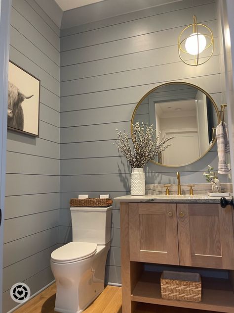 Farmhouse Half Bathroom Ideas, Modern Farmhouse Half Bathroom, Powder Room Inspiration, Modern Farmhouse Powder Room, Blue Shiplap, Shiplap Bathroom Wall, Wallpaper Decor Ideas, Farmhouse Powder Room, Rustic Powder Room