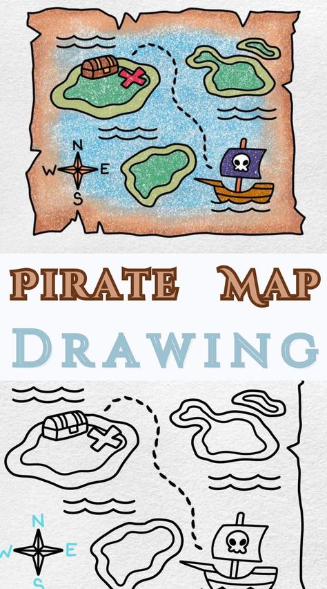 Pirate Map Drawing Map Ideas Drawing, Map Easy Drawing, Pirate Map Drawing, Easy Treasure Map Drawing, Map Drawing Tutorial, Pirate Drawings, Treasure Drawing, Diy Pirate Treasure Map, Treasure Map Drawing