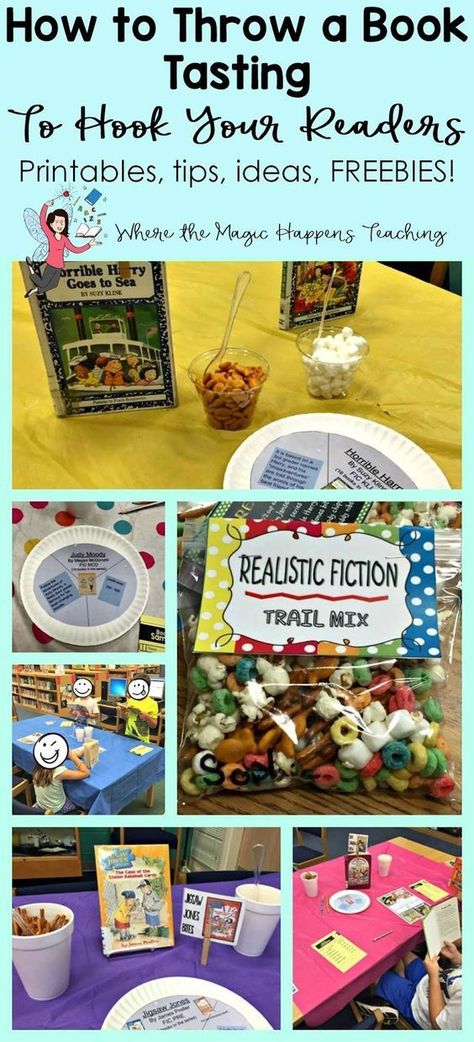 How to Throw a Book Tasting For 2nd Graders Book Tasting Snacks, Reading Themes For Classroom, Booknic Ideas, Realistic Fiction Activities, Library Activities For Kids, Reading Snacks, Book Club Snacks, Family Literacy Night, Smart Boards