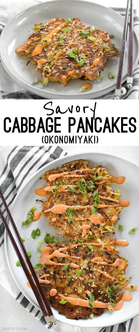 Savory Cabbage Pancakes are a fun and filling way to use up pantry leftovers. Fill them and top them with whatever your heart desires! BudgetBytes.com Cabbage Pancakes, Savory Cabbage, Japanese Diet, Carb Cycling Diet, Main Course Recipes, Cabbage Recipes, Easy Cooking Recipes, Quick Dinner Recipes, Easy Healthy Dinners