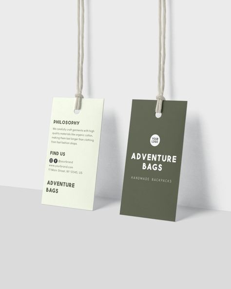 Editable template of hang tag design. Perfect for your handmade item like bags and other accessories 🎒👜 Shop Price Tags Display Ideas, Bag Tag Design Ideas, Handtag Labels Design, Hang Tag Design Clothing Labels, Product Tag Design, Hang Tags Design, Bag Tag Design, Clothing Tag Design, Hang Tag Template