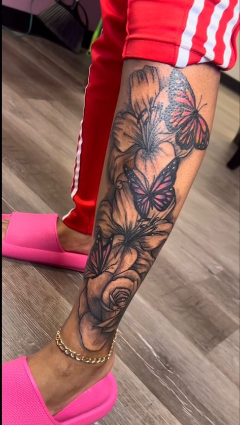 Pretty Sleeves Tattoo For Women, Spiritual Leg Sleeve Tattoos For Women, Whole Side Tattoos Women, Full Calf Tattoos For Women, Tattoos With Color For Women, Bottom Leg Tattoo For Women, Lower Calf Tattoo Women, Leg Tattoo Black Women, Front Leg Tattoo Women