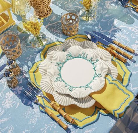 Rattan Charger Plate, Yellow Placemats, Enchanted Lake, Mrs Alice, Yellow Napkins, Starter Plates, Bamboo Cutlery, Coral Design, Table Setting Decor