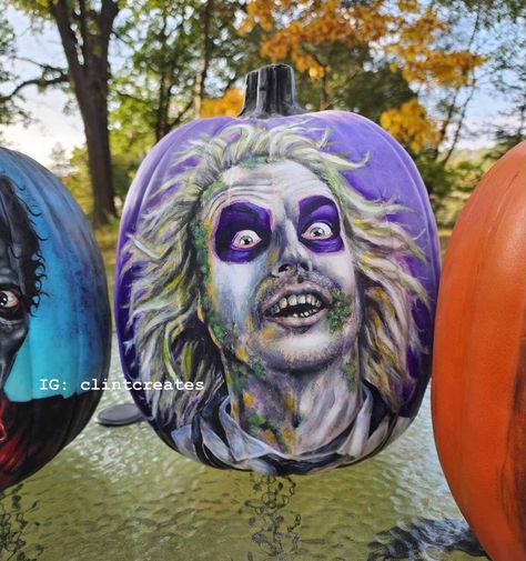 "This is a custom painted BEETLEJUICE pumpkin. Painted from acrylic.  Measures about 14\" in height Color of the pumpkin: White Made out of Foam ( funk in brand )  Material: Hard Foam Mid-West artist for over 25 years!" Pumpkin Painting Movie Characters, No Carved Pumpkins, Foam Pumpkin Painting Ideas, Bob Ross Pumpkin Painting, Beetle Juice Pumpkin Painting Ideas, Beatle Juice Pumpkin Painting Ideas, Bettle Juice Pumpkin Ideas, Beetle Juice Painted Pumpkin, Beetlejuice Pumpkin Decorating