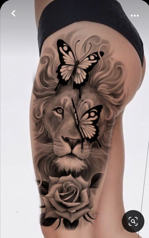 Lion Tattoo For Women Leg, Tattoo Ideas Big Pieces, Leones Tattoo, Lion Tattoo On Thigh, Cute Thigh Tattoos, Lion Tattoo Sleeves, Hip Thigh Tattoos, Realistic Tattoo Sleeve, Tattoos For Women Half Sleeve