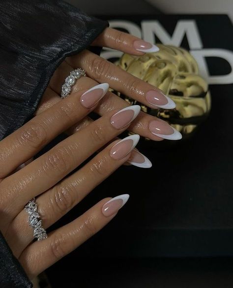 Almond Frenchies Nails, White Tips On Almond Nails, December Birthday Nails Almond, French Tip Almond Nails White, Deep Almond French Tips, French Nail Inspo Almond, Sharp Almond French Tip Nails, Almond White Nails Design, Long Almond Nails French Tip