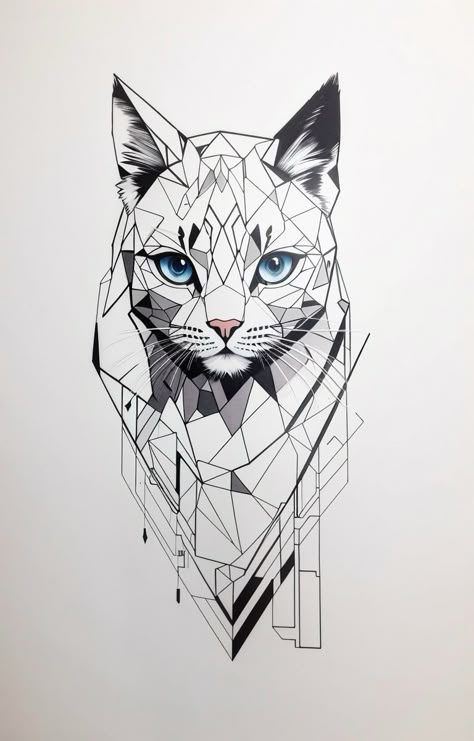 Cat Geometric Art, Geometric Cat Tattoo Designs, Cat Tattoo Geometric, Geometric Animal Tattoo Design, Geometric Cat Drawing, Cat Sketch Tattoo, Cat Ink Drawing, Geometric Cat Tattoo, Cat Geometric