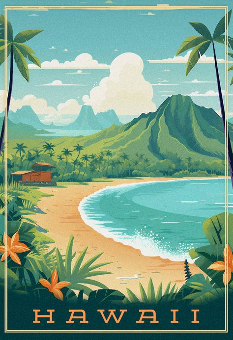 Appreciate the beauty of Hawaii with this artwork which captures the essence of a tropical beach. Immerse yourself in the tranquil embrace of nature, where majestic mountains meet the ocean, and the golden sands call for you to bask in the tropical sun. Hawaii Vintage, Retro Travel Poster, Beach Posters, Vintage Hawaii, Hur Man Målar, Landscape Canvas Art, Kauai Hawaii, Poster Vintage, Beach Wall Art