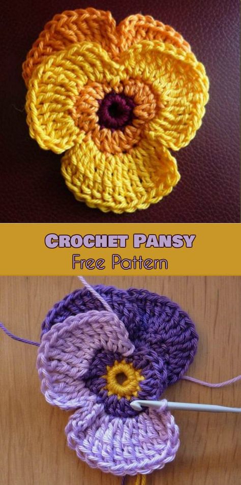 Pansy Flowers Crochet Patterns Free Crochet Pansy, Roses Crochet, Crochet Roses, Crochet Puff Flower, Pansy Flowers, Afghans Crochet, Crochet Patterns Free, Crochet Flowers Easy, Crochet Flowers Free Pattern