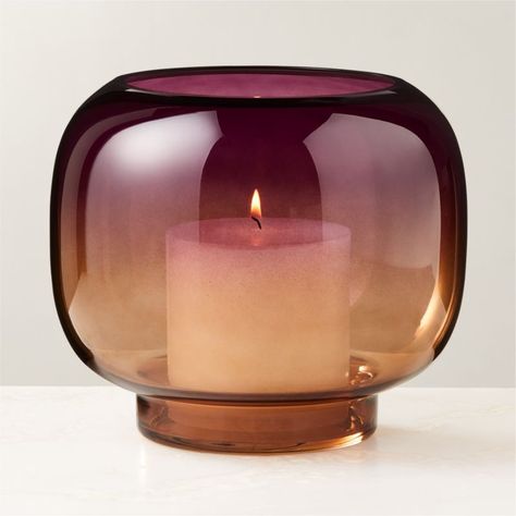 Coco Two-Toned Glass Hurricane Candle Holder Large by Azeeza + Reviews | CB2 Plum Walls, Pillar Holders, Large Candle Holders, Pinterest Room Decor, Selling Candles, Apartment Life, Cocktail Glass, Modern Glass, Amber Glass