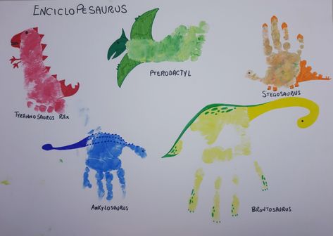 Handprint Art Dinosaur, Dinosaur Hand Print Craft, Hand Print Dinosaur For Kids, Dino Footprint Craft, Dinosaur Infant Crafts, Dinosaur Infant Art, Dino Handprint Craft, Dinosaur Painting Ideas, Dinosaur Hand Print