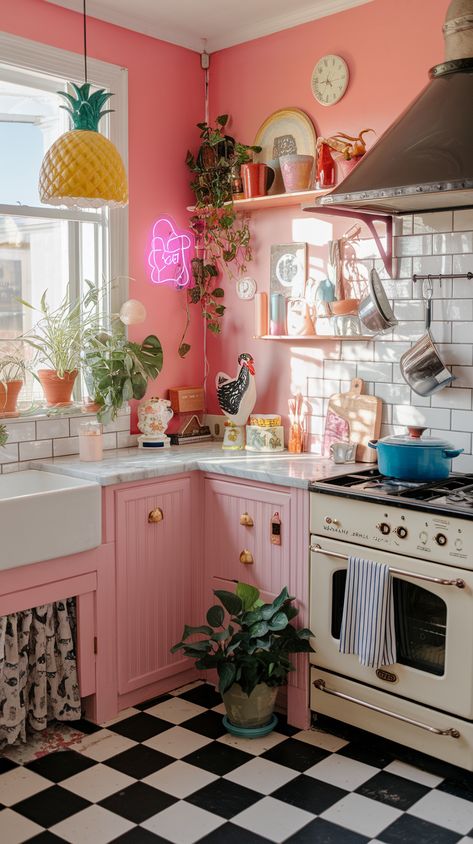 Kitschy Kitchen with checkered floowing and pink walls and hippie decor Mexico City Kitchen, Cozy Maximalist Home, Eclectic Decor Maximalist, Gen Z Kitchen, Colourful Home Decor Ideas, Cozy Bright Kitchen, Retro Kitchen Aesthetic, Eclectic Home Aesthetic, Maximalist Tiny House