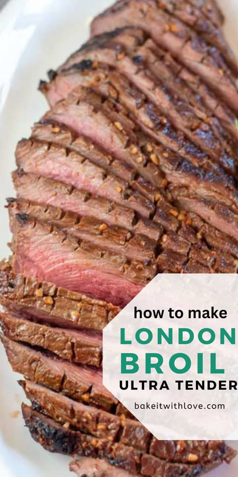 Here's how to tenderize London broil so that you can ensure that your cut of meat will turn out tender and juicy every time! In this guide, I will be sharing a variety of ways that you can use to prepare your steak before broiling or grilling. Keep reading on to learn all of the tricks I use to get a perfectly tenderized and mouth-watering London broil! BakeItWithLove.Com #bakeitwithlove #Londonbroil #tenderize #marinade #steak #dinner Baked London Broil, Turkey London Broil, London Broil Oven, Tender London Broil, London Broil Steak, London Broil Marinade, London Broil Recipe, Grilled London Broil, Homemade Marinade