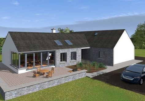 This design has a traditional Irish cottage front with traditional form and vernacular. The rear of the property is where the licence to introduce architectural flair was given, this is evident in … Open Plan Bungalow, Self Build Houses Ireland, Irish Farmhouse Renovation, Traditional Irish Cottage, Irish House Plans, House Plans Ireland, Dormer House, Bungalow Extension, Bungalow Conversion