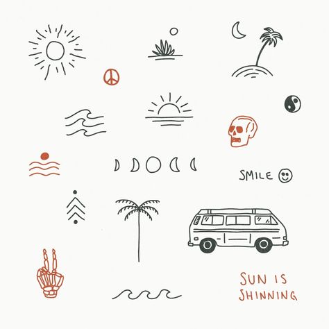 Illustration | Kinsey H Designs Surf Tattoo, Handpoke Tattoo, Muster Tattoos, Buch Design, Small Pretty Tattoos, Beach Tattoo, Small Hand Tattoos, Line Art Tattoos, Subtle Tattoos