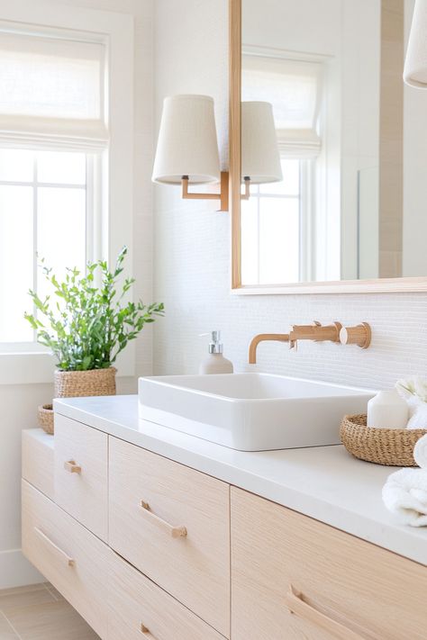 Bright and airy modern bathroom ideas for a serene space. Featuring light wood cabinetry, a sleek vessel sink, and chic decor. Perfect for those seeking a minimalist and stylish bathroom upgrade. #ModernBathroomIdeas #HomeDecor #InteriorDesign Serena And Lily Bathroom, Light And Airy Bathroom, Airy Bathroom, Modern Bathroom Ideas, Bathroom Upgrade, Bright Bathroom, Calming Spaces, Serena And Lily, Bathroom Refresh