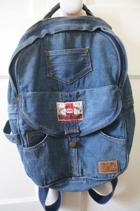 26-jun-2013 - Vintage 90's Blue Backpack from Utility Label. Full of pockets and has a coverall snap for the front pocket. The bag is in great shape with Mochila Jeans, Recycled Jeans Bag, Jeans Backpack, Diy Jeans, Jean Backpack, Denim Backpack, Denim Projects, Denim Handbags, Bohemian Bags