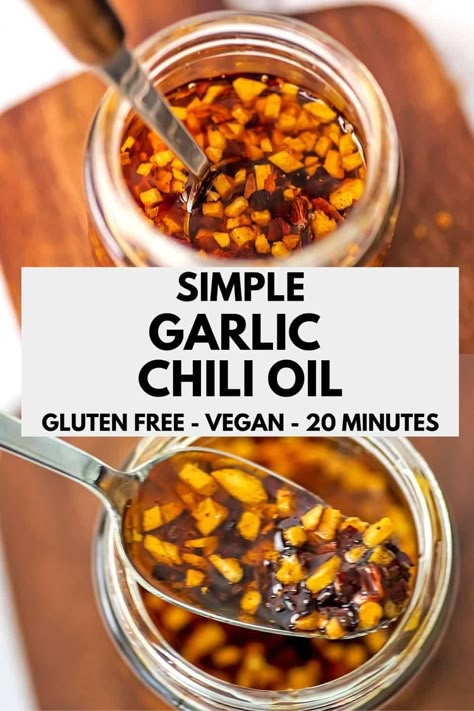 Homemade garlic chili oil is so easy to make and adds flavor to any dish. This recipe is simple and ready in about 20 minutes. Great for meal prep, it lasts up to 3 months in fridge. Naturally vegan, gluten free, dairy free, Whole30 and low carb. Great on noodles, avocado toast, veggies and so much more. Crunchy Garlic Chili Oil, Asian Condiments, Garlic Oil Recipe, Chinese Chili Oil, Garlic Chili Oil, Crunchy Garlic, Chili Oil Recipe, Olive Oil Recipes, Spring Roll Recipe