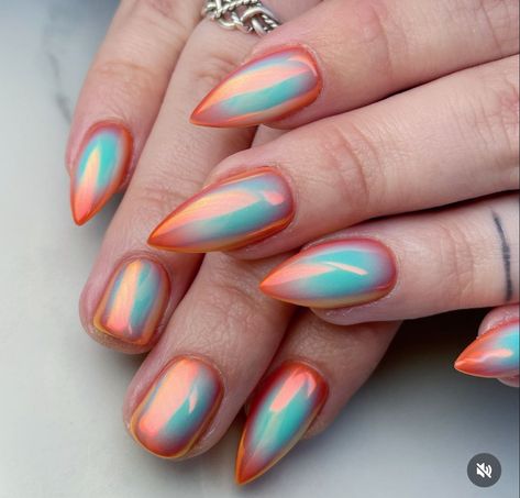 Chrome Nails How To, Birthday Nail Ideas, Nail Art Orange, 75 Birthday, Nails Basic, Nails Products, Sunset Nails, Metallic Nail Art, Aura Nails