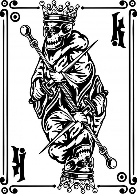 King skeleteon playing card | Premium Vector #Freepik #vector #card #line #crown #retro Joker Card Tattoo, Playing Card Tattoos, Hunter Tattoo, King Drawing, Joker Playing Card, Card Tattoo Designs, King Card, King Tattoos, Queen Tattoo