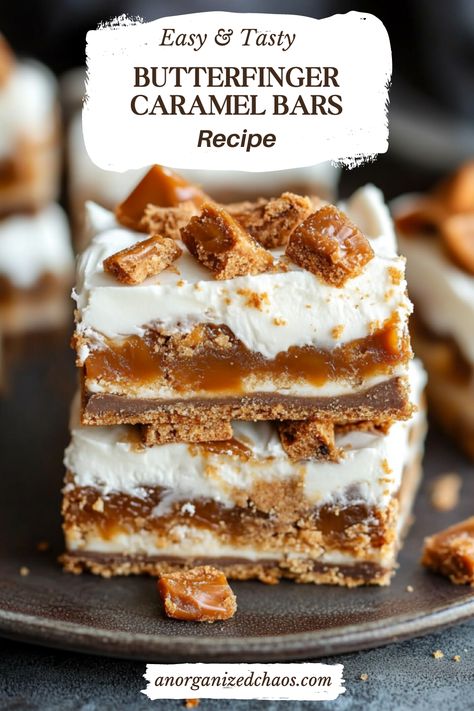 These No-Bake Butterfinger Caramel Bars are a dessert revelation—decadently delicious and delightfully easy to make! Imagine layers of gooey caramel and crunchy Butterfinger pieces melding into an irresistible treat that requires zero baking. I stumbled upon Butterfinger bites, not in the usual bag but in little boxes nestled among other candies at my local grocery Flutternutter Bars, Bugle Bars, Butterfinger Caramel Crunch Bars, Pan Bars, Fluffernutter Bars, Butterfinger Bites, Butterfinger Dessert, Caramel Bars Recipe, Butterfinger Bars