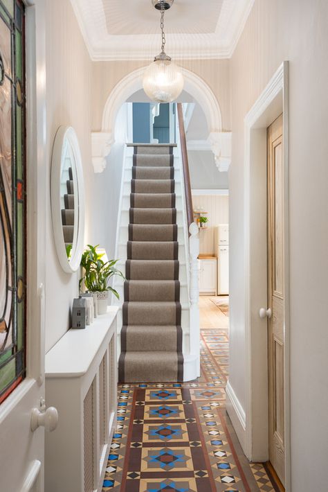 Edwardian Staircase, Edwardian House Interior, Victorian Terrace Hallway, Terraced House Interior, Terrace House Interior, Edwardian Hallway, Cottage Hallway, Lefroy Brooks, Victorian Hallway