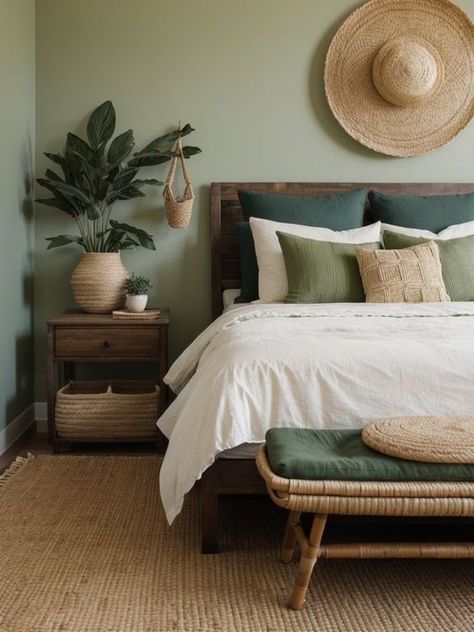 Masculine Bohemian, Masculine Boho Bedroom, Masculine Boho, Green Room Ideas Bedroom, Emerald Green Bedrooms, Sage Bedroom, Rattan Bedroom, Rooms Decoration, Green Bedroom Decor