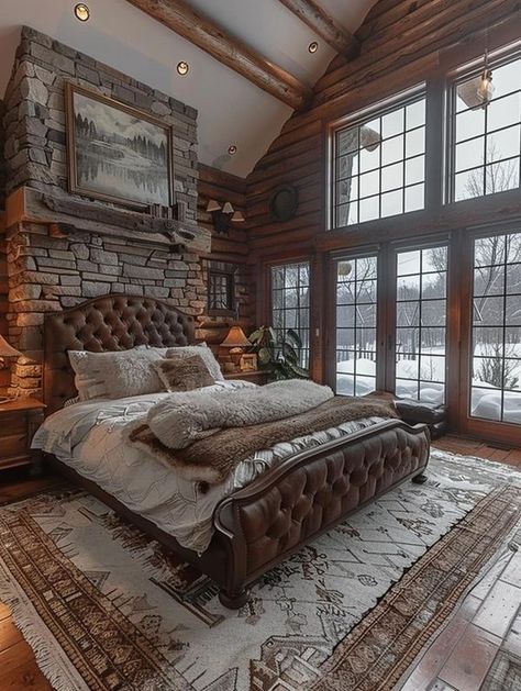 Attractive Log Cabins Log House Bedroom, Log Cabin Mansions, Cabin Mansion, Mansion Bedroom, Lodge House, Log House, House Bedroom, Cabins And Cottages, Log Cabins