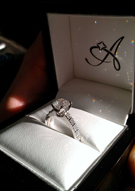 Gorgeous photos a customer sent us of R2900 in platinum with a 1.50 cushion cut diamond! Engagement Ring In Box Aesthetic, Engagement Ring Box Aesthetic, Photos Of Engagement Ring, Proposal Rings Engagement, Aesthetic Figures, Proposal Rings, Propose Ring, Dream Wedding Decorations, Proposal Ring Box