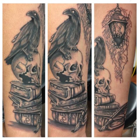 Edger Allen Poe inspired. Black and gray feminine skull, Raven, lantern, and books tattoo for women.  Tattoo by Kim Shady Poe Tattoos For Women, The Raven Edgar Allen Poe Tattoo, Raven Poe Tattoo, Raven Edgar Allen Poe Tattoo, Edger Allen Poe Tattoo, Book And Skull Tattoo, Edgar Allen Poe Raven Tattoo, Edgar Allen Poe Tattoos, Raven Book Tattoo