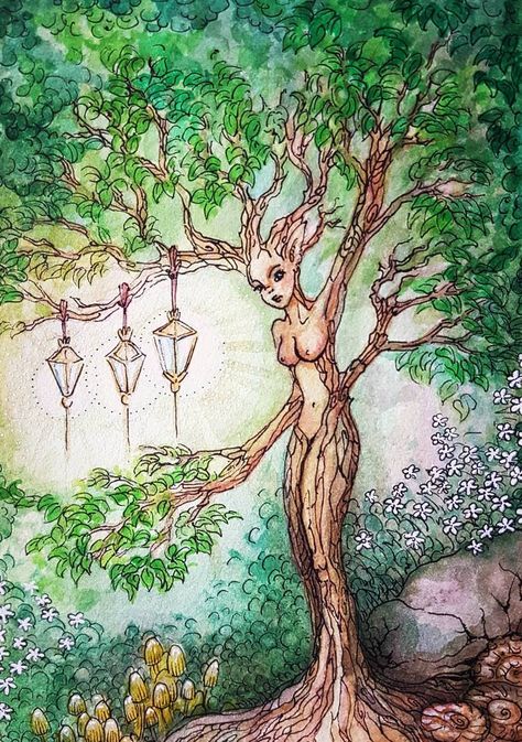 Dryad Drawing, Roots Drawing, Forest Sketch, Mother Earth Art, Magic Runes, Fantasy Tree, Fairy Drawings, Fox Painting, Drawing Simple