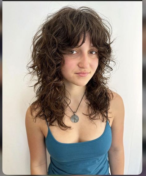 Longer Shag Haircut, Fun Curly Haircut, Medium Length Curly Shag, 70’s Shag Haircut, Shag Haircut Wavy, Shag Wavy Hair, Baby Bangs Curly Hair, 70s Curly Hairstyles, Messy Shag Haircut