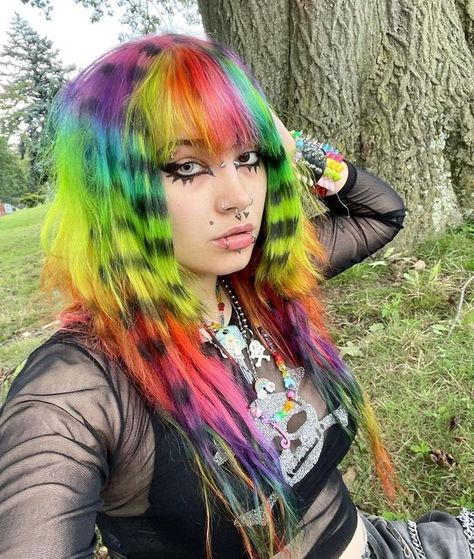 Rainbow Emo Hair, Scene Hair Stripes, Scene Rainbow Hair, Scenecore Hairstyle, Rainbow Raccoon Tail Hair, Lisa Frank Hair, Hair Dye Ideas Alt, Rainbow Streaks In Hair, Scenecore Hair